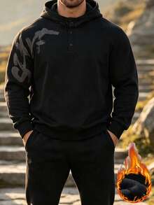 Men's Winter Black Sweatshirt, Fashionable Printed Basic Fit Sweatshirt Sweatshirt, Suitable For Autumn/Winter Wear, Outdoor Activities, Street Commuting, Gym Sports - Black - View 7