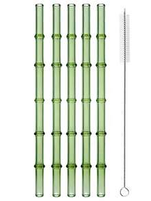 GASUDIN 1/2/5Pcs Creative Design Glass Straws With Cleaning Brush, Bamboo-Textured Reusable Drinking Straws, High Borosilicate Glass For Tea Coffee Cocktails Smoothies, Party Favors & Holiday Gifts, Dishwasher Compatible, Back To School - Green - View 13