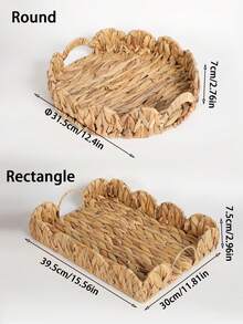 1 Scalloped Edge Handwoven Water Hyacinth Tray With Handles, Round & Rectangular Woven Storage Basket, Kitchen Counter Fruit Bread Snack Organizer Tray, Vanity Decor Caddy For Bathroom Bedroom Coffee Table Rustic Home Tabletop Decoration Storage Tray - View 7