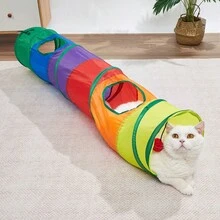 1pc Rainbow Foldable Cat Tunnel, Collapsible Pet Crinkle Tube, Interactive Game Toy For Kittens, Puppies, Rabbits, Ferrets, Indoor Exercise Hiding Training Play House With Handle - Multicolor - View 12