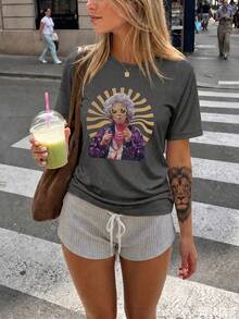 Plus Size Women's Casual Graphic Tee, Radiant Line Decor, Funny Character Print Round Neck Short Sleeve T-Shirt, Suitable For Spring, Summer, Autumn, Plus Size - Dark Grey - View 1