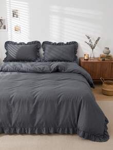 2/3pcs Ruffle Duvet Cover Set, Dorm Bedding, Grey Bedding Set, Cozy Room Decor, Skin-Friendly Breathable, Super Soft Anti-Pilling, Duvet Insert Not Included, Suitable For Twin/Full/Queen/King Size Bed, All Season, Machine Washable, Back To School - Grey - View 7