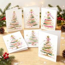 6pcs Watercolor Christmas Tree Greeting Cards With Envelopes - Holiday Blessing Cards For Friends And Family, Elegant Christmas Tree Blank Note Cards, Festive Season Celebration Cards, Christmas Gifts - A - View 3