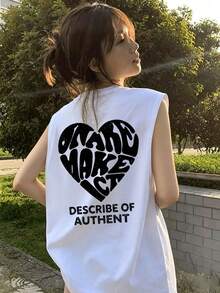 Women's Fashionable Summer Loose Casual Versatile Letter & Heart Print Tank Top White - White - View 3