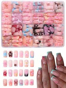 Random 24pcs Y2K Short Square Painted French Press-On Nails, 3D Gel Flower, Ladybug, Polka Dot & Pearl Design, Spring Nail Art, Summer Nail Art, Easy To Wear Acrylic False Nail Set, Suitable For Girls Daily & Party Use - Multicolor - View 1