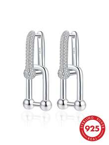 Pure Silver Hypoallergenic Cubic Zirconia U-Shaped Hoop Earrings, Suitable For Daily Wear, Birthday Gift - Silver - View 1