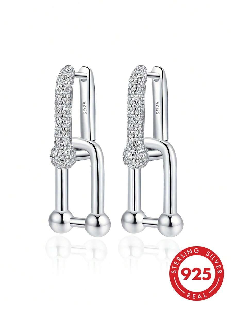 Pure Silver Hypoallergenic Cubic Zirconia U-Shaped Hoop Earrings, Suitable For Daily Wear, Birthday Gift - Silver - View 1