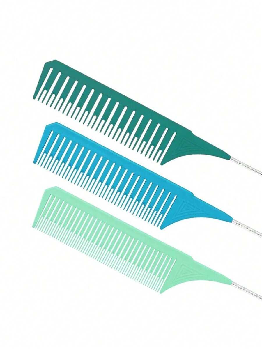 3pcs Plastic Threaded Non-Slip Steel Needle Tail Comb, Hair Dyeing Comb, Professional Hair Salon Dyeing Comb, Heat Resistant - Multicolor - View 1