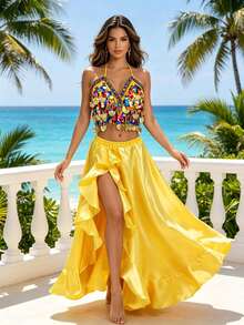 V Neck Multicolor Sequin Gold Decor Halter Dance Crop Top Satin High Waist Ruffled High Slit Flowy Maxi Dance Skirt Stage Performance Dance Outfit - Multicolor - View 3