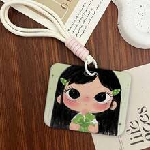 Big‑Eye Cartoon Girl Card Holder With Braided Lanyard, Hard PC Horizontal ID Badge Holder For Student School Bus Card Work Name Tag Back To School Supplies - A - View 6