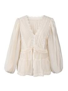 Women's Lace Patchwork V-Neck Fashion Versatile Daily Wear Top - Apricot - View 6