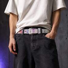Men's Multicolor Banknote Print Belt With Silver Buckle, Y2K Hip Hop Streetwear Belt For Jeans - Banknote Embossed Leather Belt - View 2