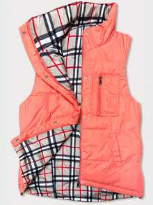 Women's Reversible Vest, 2-In-1 Sleeveless, One Side Plain, One Checkered. Loose Fit. - Coral Orange - View 5