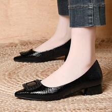 High Heel Pumps, Commuter Thick Heel Low Vamp Shoes, Pointed Toe Patent Leather Shiny Work Shoes, Square Buckle Mid Heel Formal Work Shoes - Black - View 4