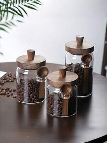 1pc Glass Airtight Storage Jar With Walnut Wood Lid, High-Definition Glass With Silicone Seal Ring, Suitable For Storing Snacks, Cookies, Coffee Beans, Salt, Sugar, Etc. - Clear - View 2