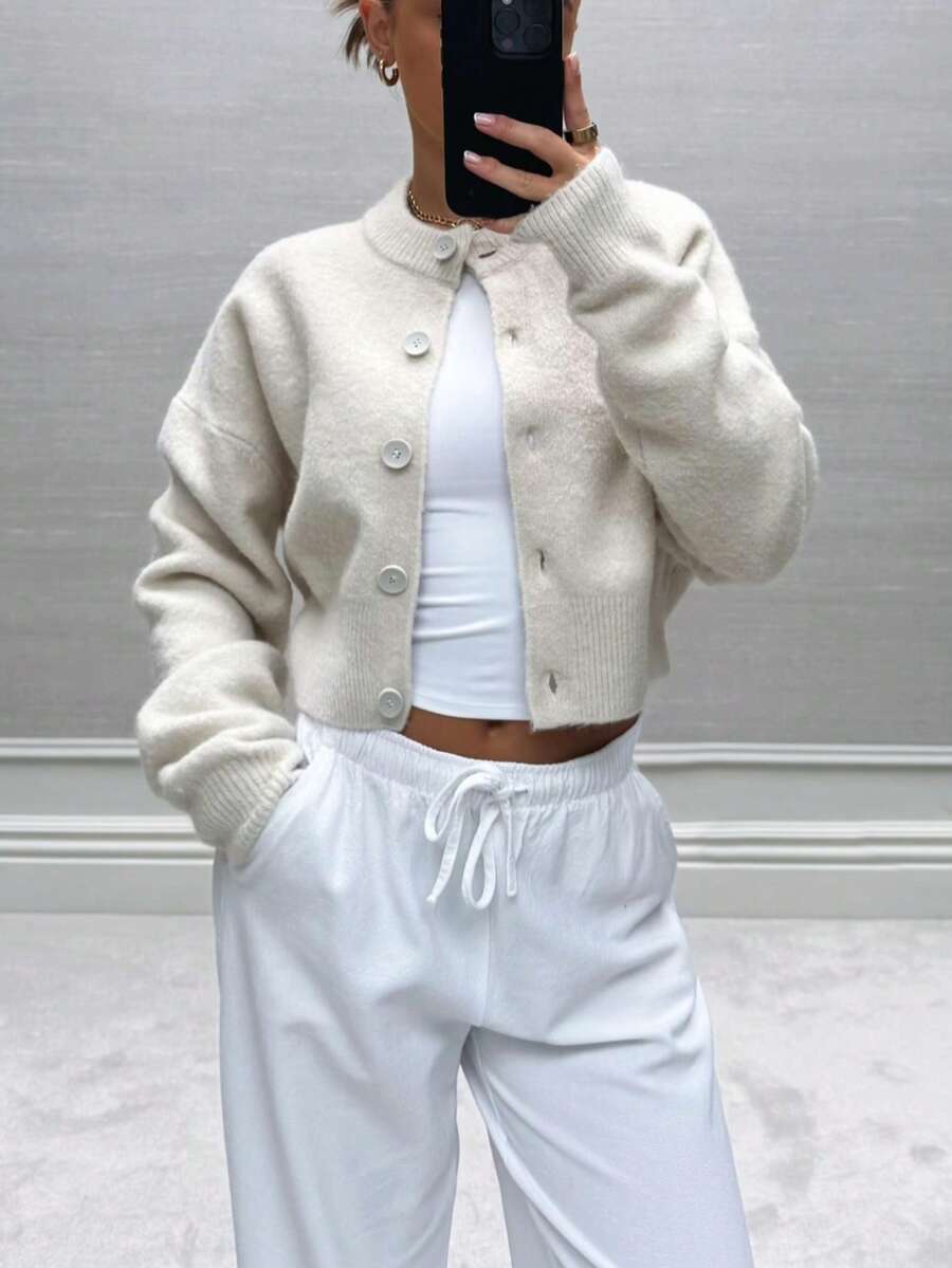Minimalist Women's Ribbed Knit Cropped Wool Cardigan, Long Sleeve Round Neck Button Front Knit Sweater, Perfect Choice For Autumn Outfit Fall - Off White - View 1