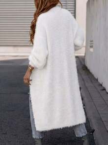 Women's Long Cardigan Sweater, Casual Minimalist Autumn/Winter Long Sleeve Knit Cardigan - White - View 9