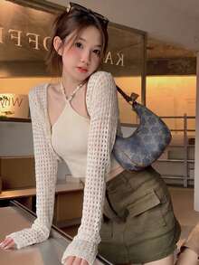 Y2K Pure Desire Spaghetti Strap Strap Top + Hollow Out Cropped Knit Cardigan 2 Pieces Set, Date Store Visit Afternoon Tea Commute Daily Layering Fall - Apricot - View 4