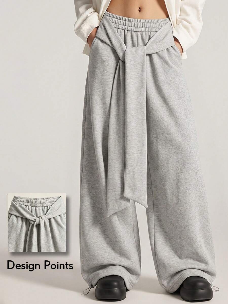 KyrLssu Women's Waist Tie Wrap Detail Wide Leg Sweatpants, Adjustable Loose Drawstring Cuffed Hem Joggers - Grey - View 1