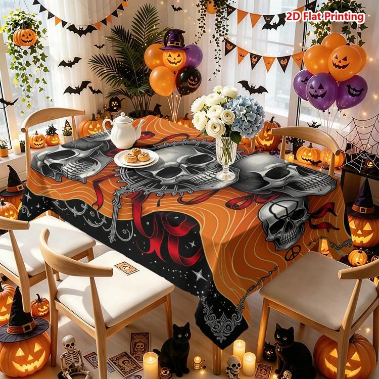 1/2pcs Halloween Tablecloth, Halloween Skull Wave Pattern Polyester Tablecloth Suitable For Dining Table, Coffee Table, Kitchen, Picnic, Camping, Farmhouse, Country Decor, Holiday Tabletop Protection And Decoration - Multicolor - View 13