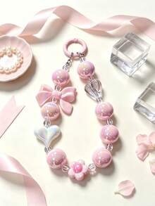 1pc Pink Iridescent Beaded Keychain, Bow Heart Flower Pendant Chain, Sweet Girl Style Bag Charm Car Key Chain, Daily Accessory Holiday Gift For Girlfriend Best Friend Aesthetic Design - Multicolor - View 1