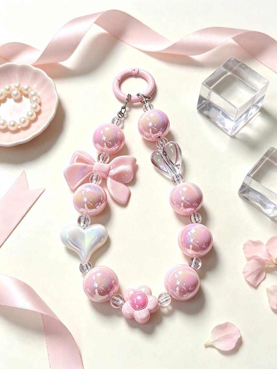 1pc Pink Iridescent Beaded Keychain, Bow Heart Flower Pendant Chain, Sweet Girl Style Bag Charm Car Key Chain, Daily Accessory Holiday Gift For Girlfriend Best Friend Aesthetic Design - Multicolor - View 1