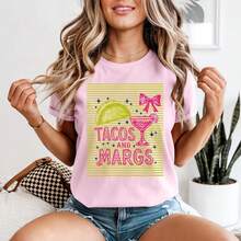 Women's "Tacos And Margs" Margarita T-Shirt, Mexican Food Themed Gift For Her, Unisex Pure Cotton T-Shirt, Plus Size, Fits Most ... - White - View 3