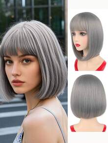 Short Straight Bob Synthetic Wigs Pink Hair Wig With Bangs For Women Cosplay Cute Wig Heat Resistant Fiber Halloween Wear - Multicolor - View 10