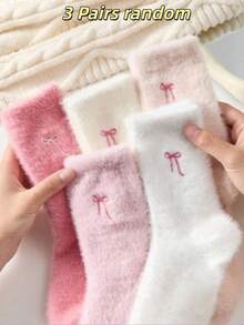 5 Pairs Bow Pattern Plush Over-The-Knee Socks For Women, Warm And Soft, Suitable For Autumn/Winter, Also An Ideal Gift - Bow - View 5