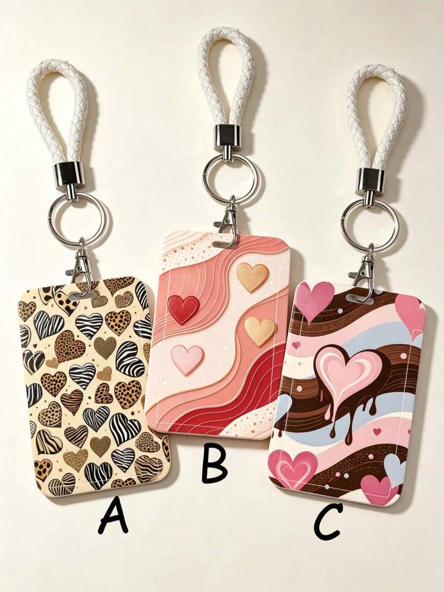 1pc Vintage Multi-Style Heart Card Holder With White Braided Wrist Strap Keychain, Leopard Print Zebra Print 3D Lava Heart, Hard Shell Protective Case For Student ID, Campus Meal Card, Access Card, Bus Card, Suitable For Office Workers And Students Daily Use - Rectangle - View 1