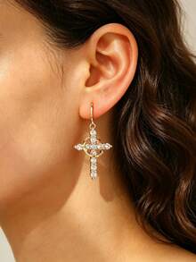 Elegant Vintage Cross Dangle Earrings, Copper Base With Clear Rhinestone Inlay, Women's Date Earrings - Gold - View 6