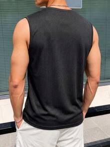 Men's Quick Dry Elastic Sleeveless Tank Top, Summer Pullover Reflective Print Running Fitness Solid Color Vest - Black - View 2