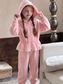 Vihyde Young Girls Sweet Ballet Style Lace Hem Hooded Jacket & Jogger Pants 2pcs Set - Pink - View 2