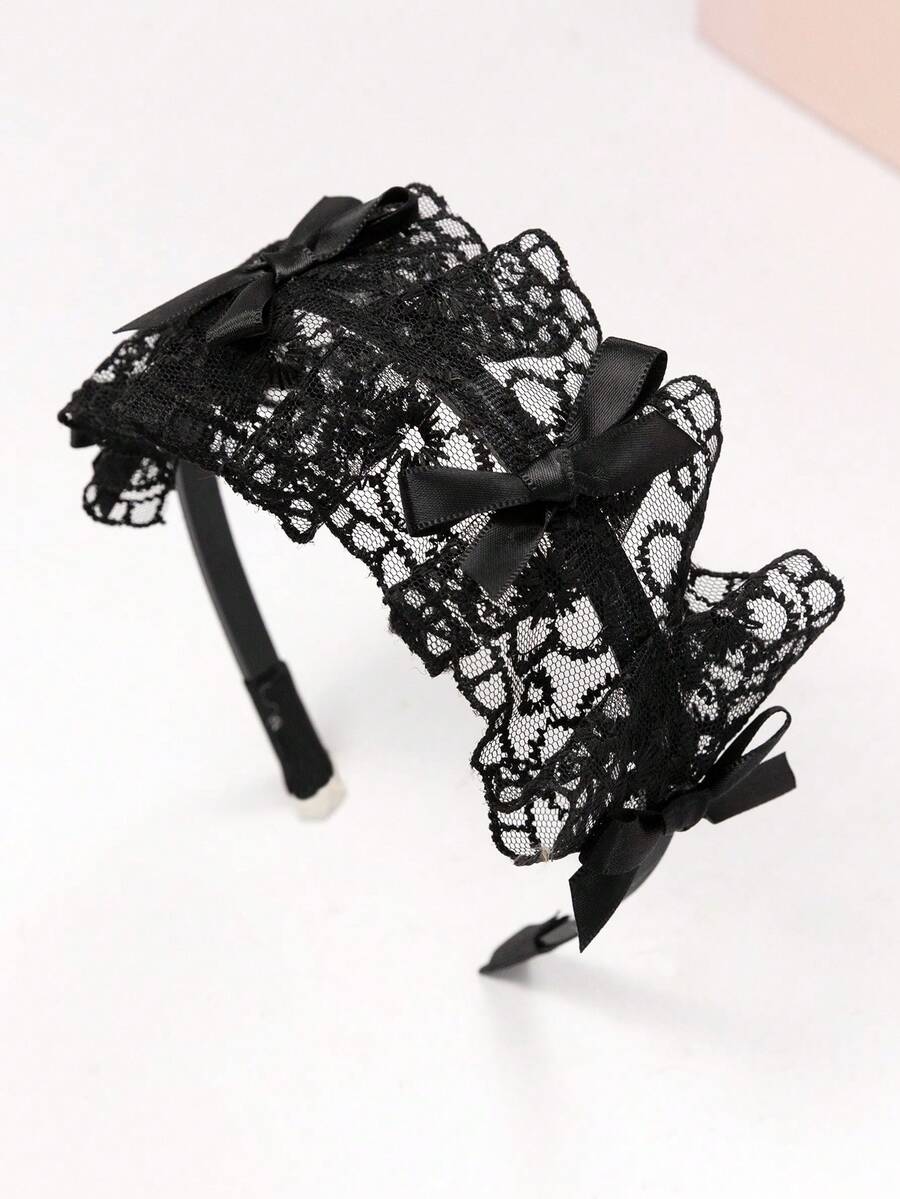1件黑色蕾絲蝴蝶結髮箍,優雅百搭甜美公主風髮飾,蘿莉塔風格髮箍,生日禮物首選 - 黑色 - 查看 1