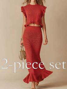 Women's Round Neck Pullover + Pleated Hem Midi Skirt 2-Piece Set, Solid Color Ribbed Knit, Elegant Casual Spring/Summer Red - Red - View 1