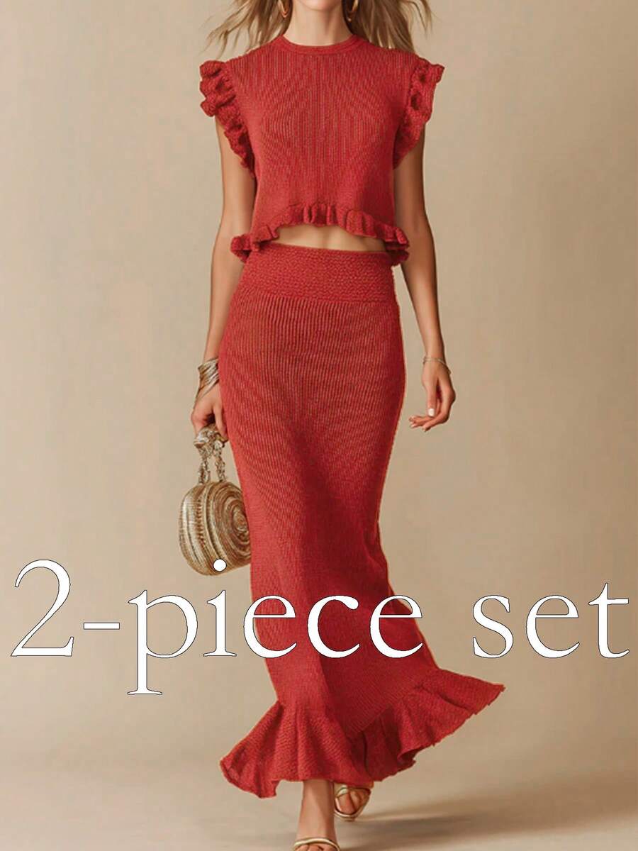 Women's Round Neck Pullover + Pleated Hem Midi Skirt 2-Piece Set, Solid Color Ribbed Knit, Elegant Casual Spring/Summer Red - Red - View 1