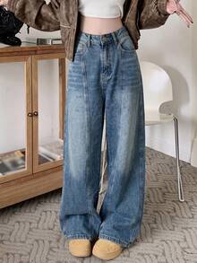 Design Loose Curved Leg High Waist Slimming Casual Wide Leg Jeans For Women Fall - Blue - View 1