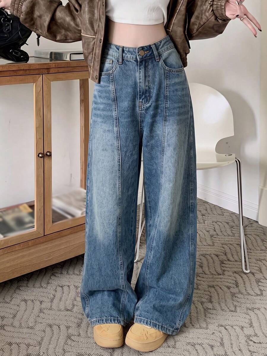 Design Loose Curved Leg High Waist Slimming Casual Wide Leg Jeans For Women Fall - Blue - View 1