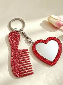 Acrylic Glittering Heart-Shaped Mirror, Comb Set, Keychain, Bag, Pendant, Exquisite Essential Makeup Items For Girls - Love - View 16