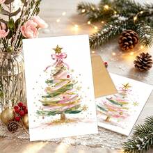 6pcs Watercolor Christmas Tree Greeting Cards With Envelopes - Holiday Blessing Cards For Friends And Family, Elegant Christmas Tree Blank Note Cards, Festive Season Celebration Cards, Christmas Gifts - A - View 5
