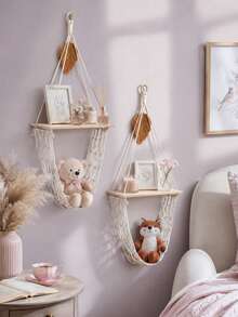 1pc Cream White Decorative Hanging Storage Rack Bohemian Farmhouse Style Triangle Hanging Design Tassel Net Hammock Display Storage Rack Plush Doll Storage Display Rack Bedroom Nursery Living Room Game Room Apartment Home Decor Wall Shelf - Beige - View 4