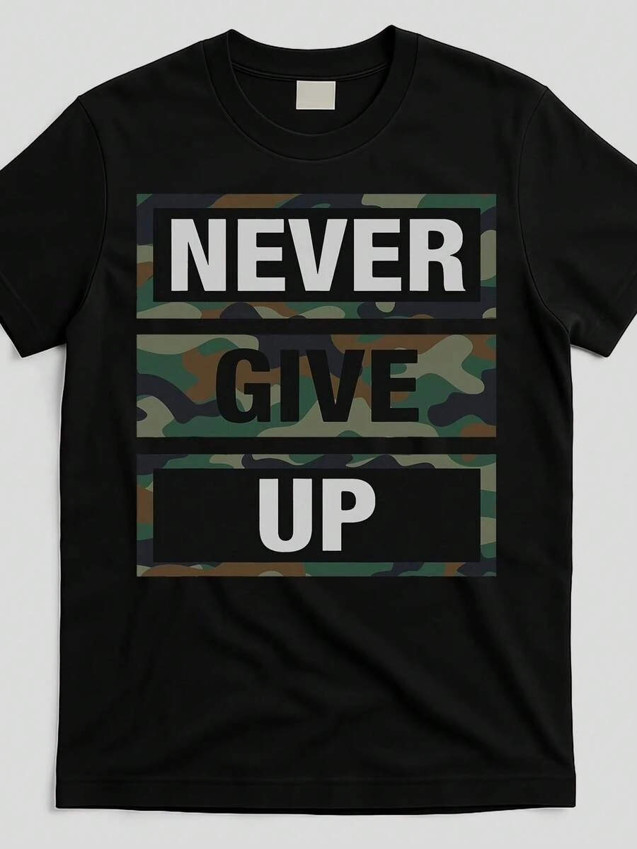 Camiseta con ilustraciones y frases inspiradas en Bahaa'S-Don'T-Give-Up_Bdg1617735_En_Negro_Imagen_de_Producto Mismo Estilo para Hombres y Mujeres Camiseta Estampada de Manga Corta Verano 20 - Negro - Ver 1