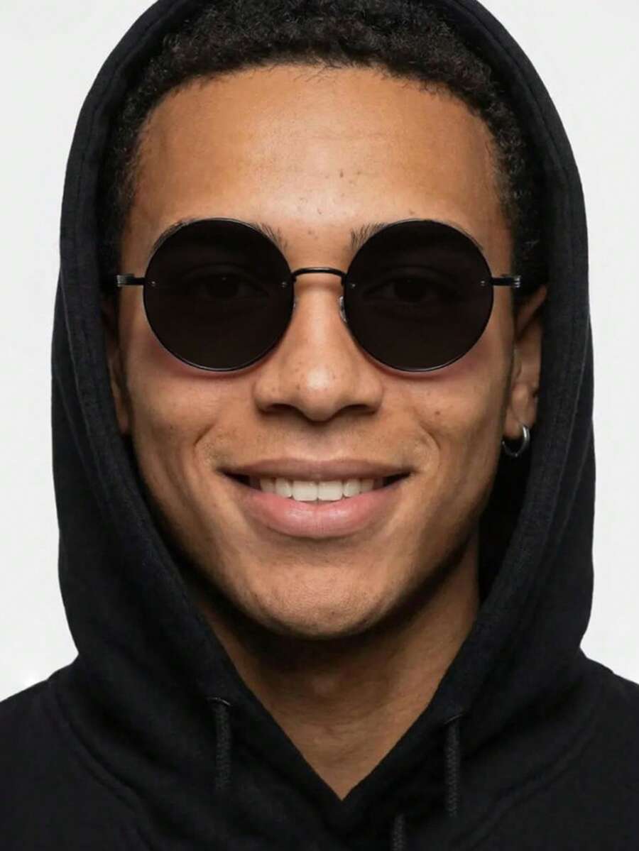 1 Pair Round Black Metal Unisex Glasses, Vintage Punk Street Style Fashion Eyewear, Suitable For Street Photography - Black - View 1