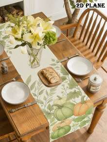 1pc Pumpkin Table Runner - Edged Rectangular Suitable For Holiday Dining, Kitchen Decor With Vine Pattern, Polyester Fiber Runner Suitable For Home Decoration - Pastel Green - View 5