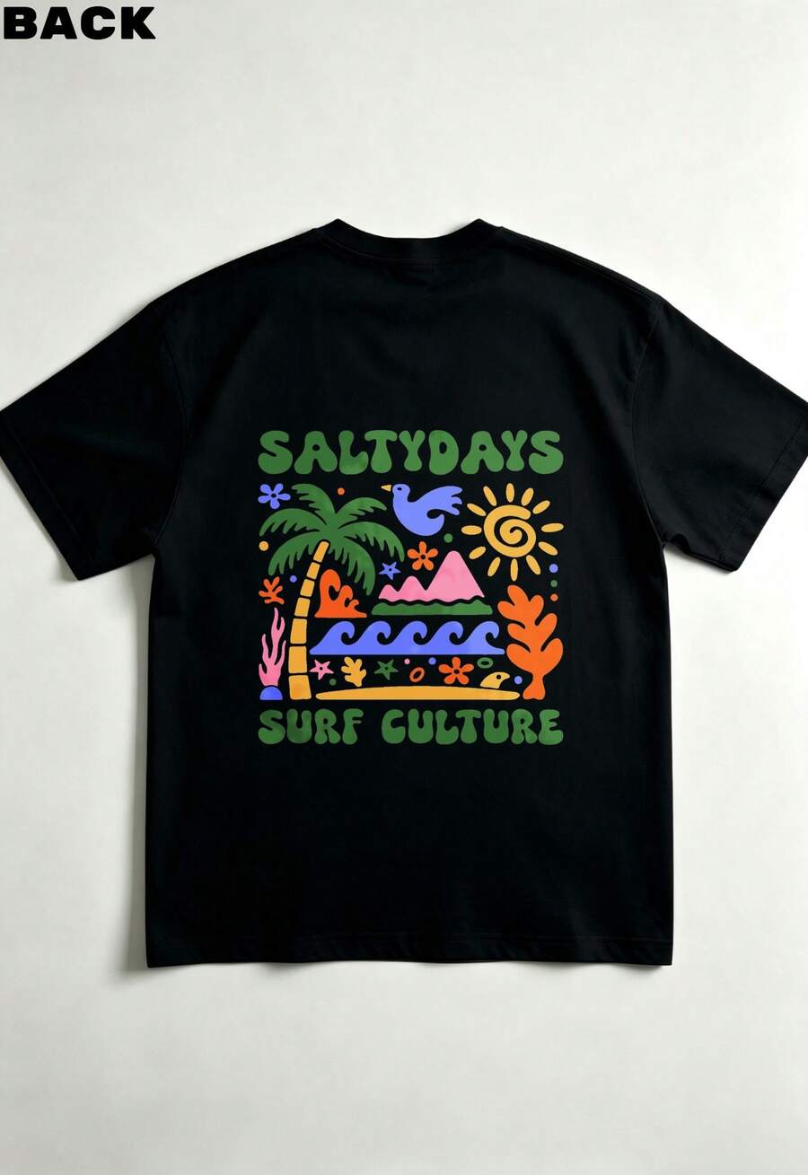 Unisex Cotton T-Shirt, Surf Style, Colorful Cartoon Print With Palm Tree And Sea On The Back, Summer Beach Look, Salty Days Graphic - Black - View 1
