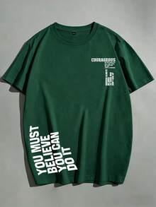 Men's Loose Drop Shoulder Short Sleeve T-Shirt, Inspirational Vertical English Slogan Print, American Minimalist Green - Green - View 3