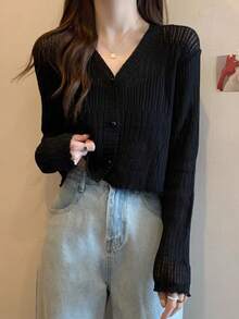 1 Black And White Apricot Green Thin Ruffle V-Neck Knit Cardigan Long Sleeve Sun Protection Shawl - Multicolor - View 6