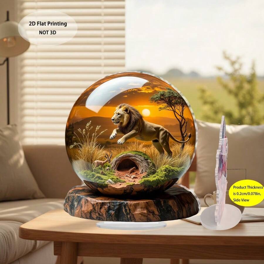 1pc Acrylic Crystal Ball Grassland Lion Desktop Ornament, 2D Flat Printed African Animal Landscape, Creative Decorative Craft For Living Room And Study - Lion - View 1