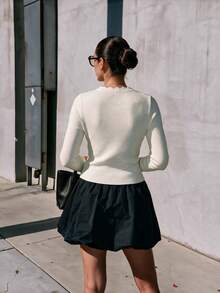 Sookaug Elegant Lace Trim Placket Knitted Cardigan Slim Fit Flattering Single-Breasted Cream White Sweater Jacket Women's Ribbed Knit Long Sleeve Cardigan, Decorated With Fan-Shaped Lace, Short Length Button Front Opening Knit Sweater - White - View 7
