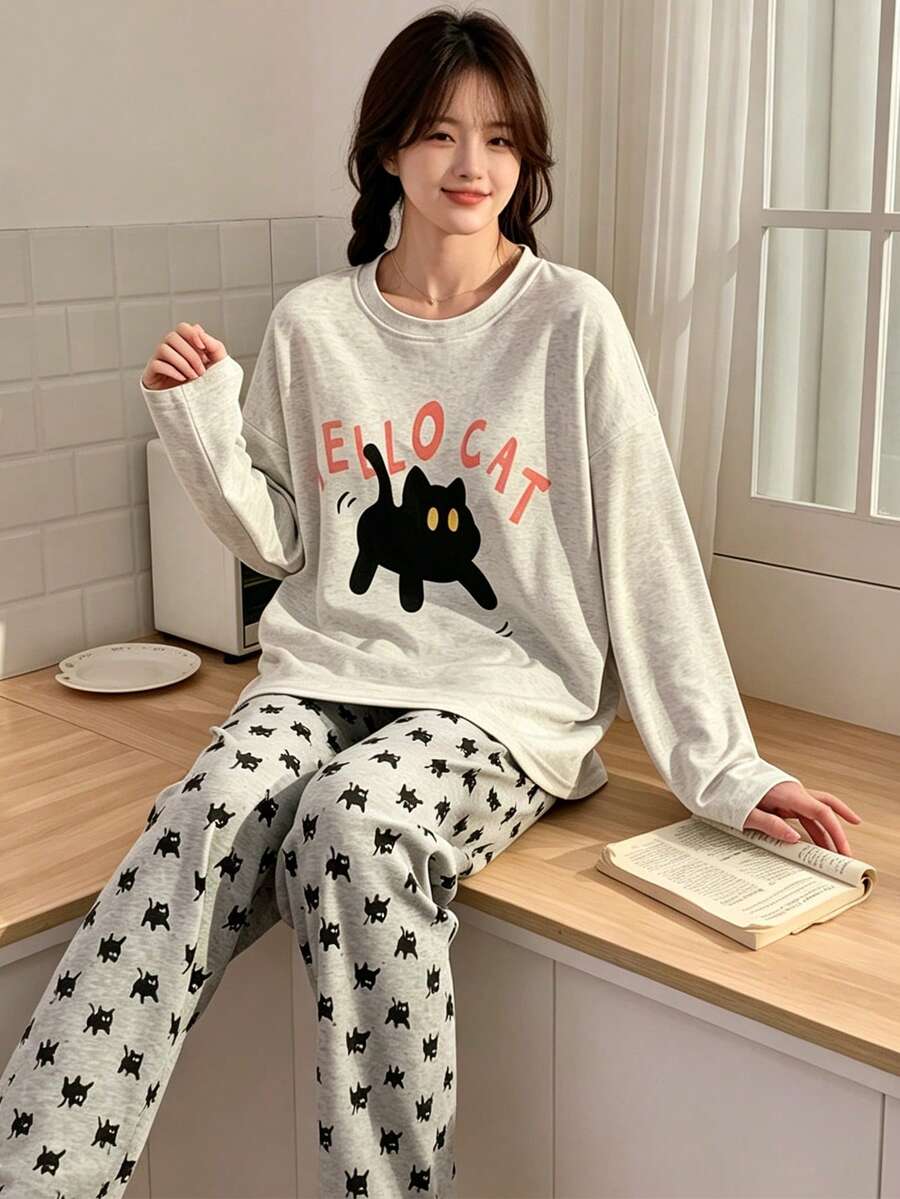 2pcs/Set Women's Spring Autumn Casual Cartoon Sweat-Absorbing Breathable Round Neck Long Sleeve Long Pants Cartoon Home Wear - Champagne - View 1